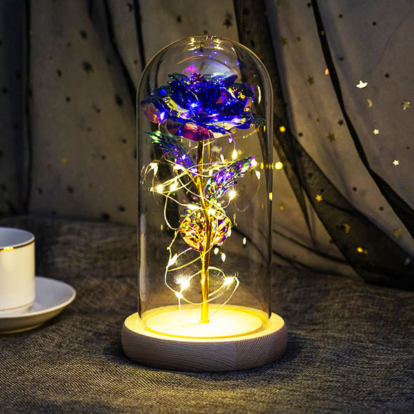[デバリエ] 光る花 枯れない花 金メッキ ローズ 造花 LEDライト付き電池式 女性への贈り物 薔薇 花束 ガラスポット ケース入り 誕生日プレゼント 花1組×ペアクマ1組 セット品11×11×22.5cm (オーロラパープル) li-01-op