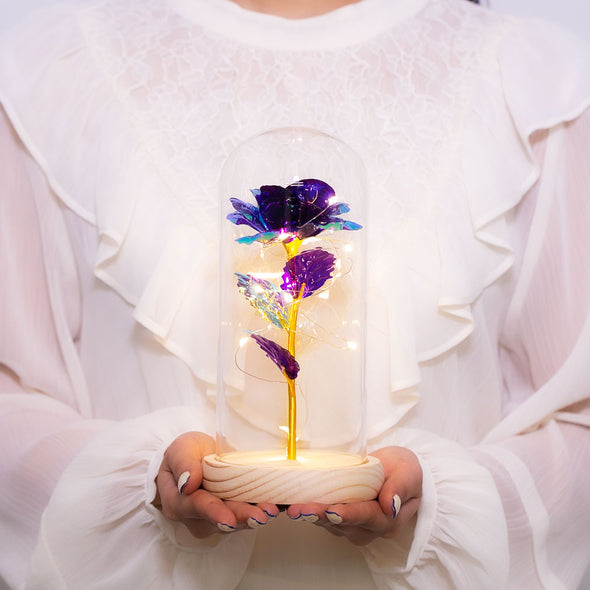 [デバリエ] 光る花 枯れない花 金メッキ ローズ 造花 LEDライト付き電池式 女性への贈り物 薔薇 花束 ガラスポット ケース入り 誕生日プレゼント 花1組×ペアクマ1組 セット品11×11×22.5cm (オーロラパープル) li-01-op