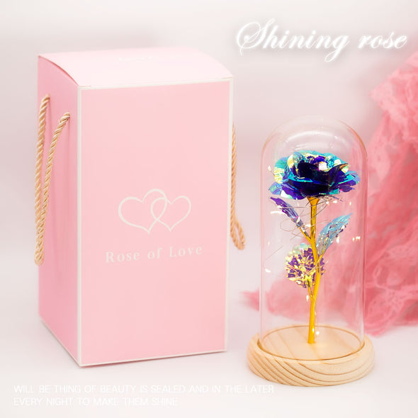 [デバリエ] 光る花 枯れない花 金メッキ ローズ 造花 LEDライト付き電池式 女性への贈り物 薔薇 花束 ガラスポット ケース入り 誕生日プレゼント 花1組×ペアクマ1組 セット品11×11×22.5cm (オーロラパープル) li-01-op