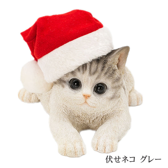 [デバリエ]  猫 置物 サバトラ サンタ 帽子 クリスマス ギフト オブジェ[正規品] (伏せネコ サバトラ)xca116